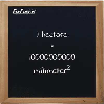 1 hectare is equivalent to 10000000000 millimeter<sup>2</sup> (1 ha is equivalent to 10000000000 mm<sup>2</sup>)