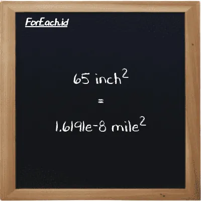 65 inch<sup>2</sup> is equivalent to 1.6191e-8 mile<sup>2</sup> (65 in<sup>2</sup> is equivalent to 1.6191e-8 mi<sup>2</sup>)