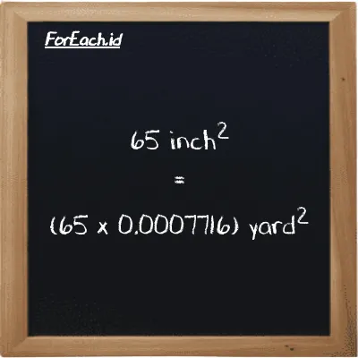 How to convert inch<sup>2</sup> to yard<sup>2</sup>: 65 inch<sup>2</sup> (in<sup>2</sup>) is equivalent to 65 times 0.0007716 yard<sup>2</sup> (yd<sup>2</sup>)