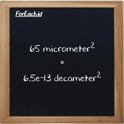 65 micrometer<sup>2</sup> is equivalent to 6.5e-13 decameter<sup>2</sup> (65 µm<sup>2</sup> is equivalent to 6.5e-13 dam<sup>2</sup>)