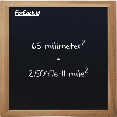 65 millimeter<sup>2</sup> is equivalent to 2.5097e-11 mile<sup>2</sup> (65 mm<sup>2</sup> is equivalent to 2.5097e-11 mi<sup>2</sup>)