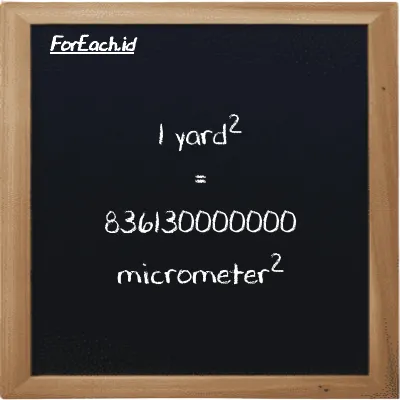1 yard<sup>2</sup> is equivalent to 836130000000 micrometer<sup>2</sup> (1 yd<sup>2</sup> is equivalent to 836130000000 µm<sup>2</sup>)