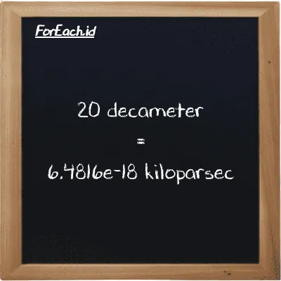 20 decameter is equivalent to 6.4816e-18 kiloparsec (20 dam is equivalent to 6.4816e-18 kpc)