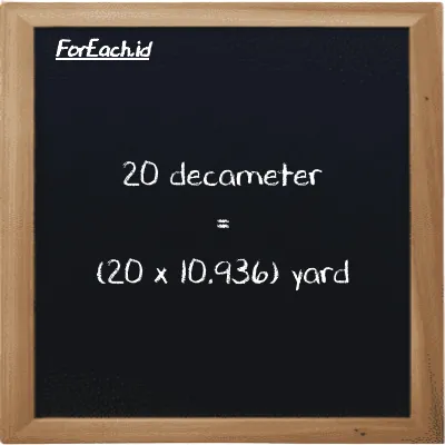 How to convert decameter to yard: 20 decameter (dam) is equivalent to 20 times 10.936 yard (yd)