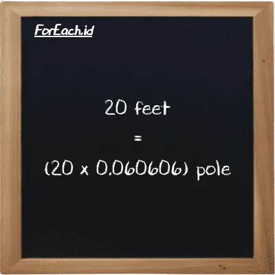 How to convert feet to pole: 20 feet (ft) is equivalent to 20 times 0.060606 pole (pl)