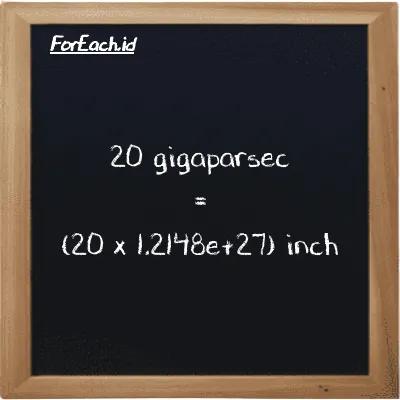 How to convert gigaparsec to inch: 20 gigaparsec (Gpc) is equivalent to 20 times 1.2148e+27 inch (in)