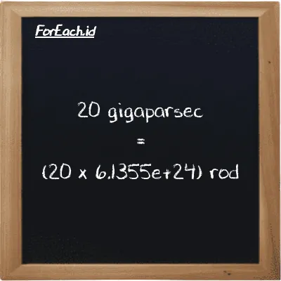How to convert gigaparsec to rod: 20 gigaparsec (Gpc) is equivalent to 20 times 6.1355e+24 rod (rd)