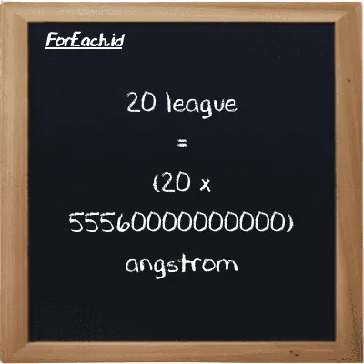 How to convert league to angstrom: 20 league (lg) is equivalent to 20 times 55560000000000 angstrom (Å)