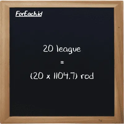 How to convert league to rod: 20 league (lg) is equivalent to 20 times 1104.7 rod (rd)