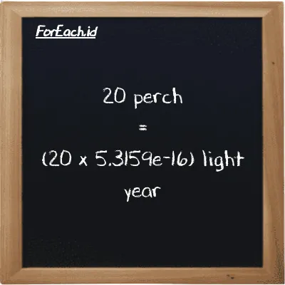 How to convert perch to light year: 20 perch (prc) is equivalent to 20 times 5.3159e-16 light year (ly)
