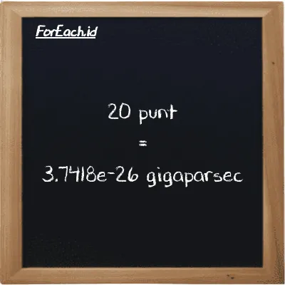 20 punt is equivalent to 3.7418e-26 gigaparsec (20 pnt is equivalent to 3.7418e-26 Gpc)