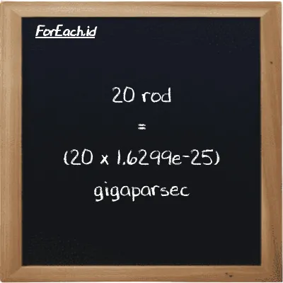 How to convert rod to gigaparsec: 20 rod (rd) is equivalent to 20 times 1.6299e-25 gigaparsec (Gpc)