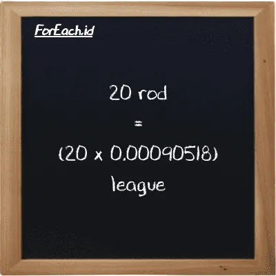 How to convert rod to league: 20 rod (rd) is equivalent to 20 times 0.00090518 league (lg)