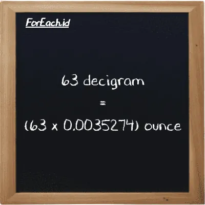 How to convert decigram to ounce: 63 decigram (dg) is equivalent to 63 times 0.0035274 ounce (oz)