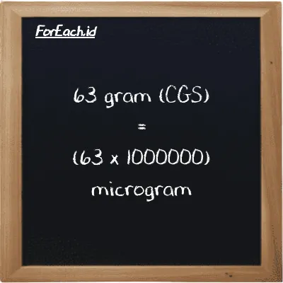 How to convert gram to microgram: 63 gram (g) is equivalent to 63 times 1000000 microgram (µg)