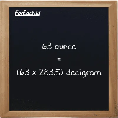 How to convert ounce to decigram: 63 ounce (oz) is equivalent to 63 times 283.5 decigram (dg)