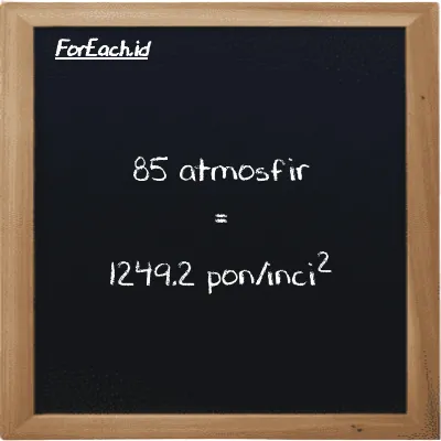 How to convert atmosphere to pound/inch<sup>2</sup>: 85 atmosphere (atm) is equivalent to 85 times 14.696 pound/inch<sup>2</sup> (psi)