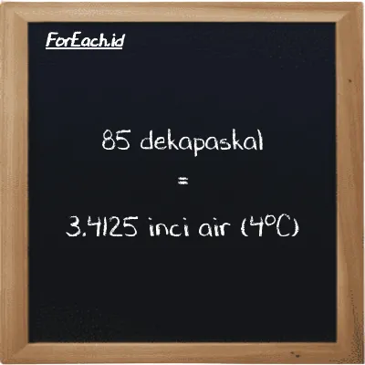 How to convert decapascal to inch water (4<sup>o</sup>C): 85 decapascal (daPa) is equivalent to 85 times 0.040147 inch water (4<sup>o</sup>C) (inH2O)