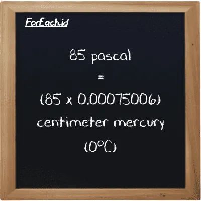 How to convert pascal to centimeter mercury (0<sup>o</sup>C): 85 pascal (Pa) is equivalent to 85 times 0.00075006 centimeter mercury (0<sup>o</sup>C) (cmHg)