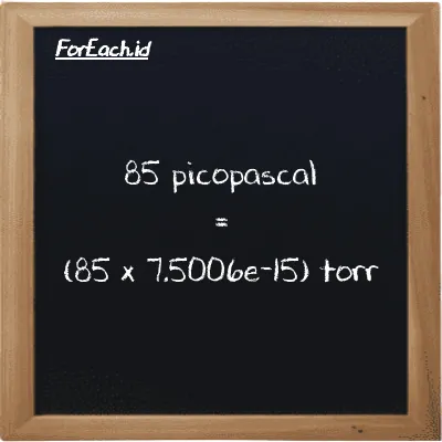 How to convert picopascal to torr: 85 picopascal (pPa) is equivalent to 85 times 7.5006e-15 torr (torr)