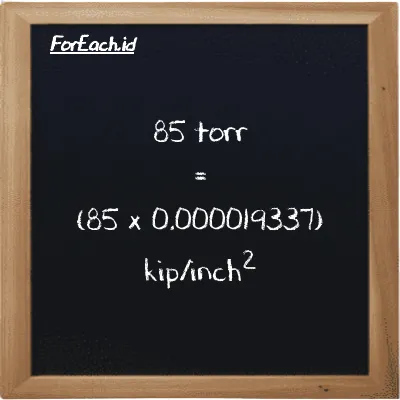 How to convert torr to kip/inch<sup>2</sup>: 85 torr (torr) is equivalent to 85 times 0.000019337 kip/inch<sup>2</sup> (ksi)
