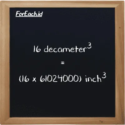 How to convert decameter<sup>3</sup> to inch<sup>3</sup>: 16 decameter<sup>3</sup> (dam<sup>3</sup>) is equivalent to 16 times 61024000 inch<sup>3</sup> (in<sup>3</sup>)