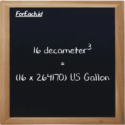 How to convert decameter<sup>3</sup> to US Gallon: 16 decameter<sup>3</sup> (dam<sup>3</sup>) is equivalent to 16 times 264170 US Gallon (gal)