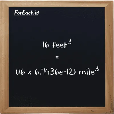 How to convert feet<sup>3</sup> to mile<sup>3</sup>: 16 feet<sup>3</sup> (ft<sup>3</sup>) is equivalent to 16 times 6.7936e-12 mile<sup>3</sup> (mi<sup>3</sup>)