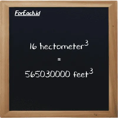 16 hectometer<sup>3</sup> is equivalent to 565030000 feet<sup>3</sup> (16 hm<sup>3</sup> is equivalent to 565030000 ft<sup>3</sup>)