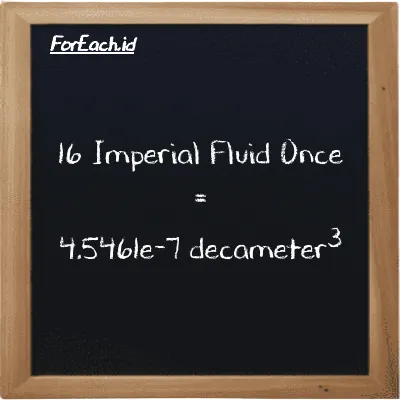 16 Imperial Fluid Once is equivalent to 4.5461e-7 decameter<sup>3</sup> (16 imp fl oz is equivalent to 4.5461e-7 dam<sup>3</sup>)