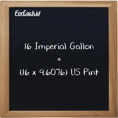 How to convert Imperial Gallon to US Pint: 16 Imperial Gallon (imp gal) is equivalent to 16 times 9.6076 US Pint (pt)