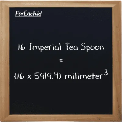 How to convert Imperial Tea Spoon to millimeter<sup>3</sup>: 16 Imperial Tea Spoon (imp tsp) is equivalent to 16 times 5919.4 millimeter<sup>3</sup> (mm<sup>3</sup>)