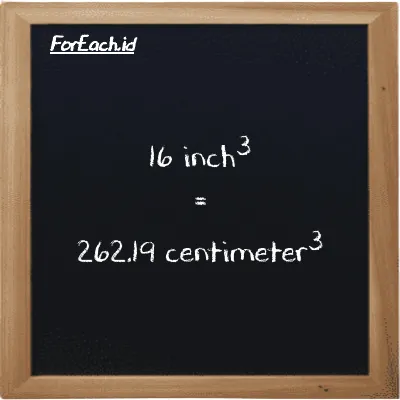 16 inch<sup>3</sup> is equivalent to 262.19 centimeter<sup>3</sup> (16 in<sup>3</sup> is equivalent to 262.19 cm<sup>3</sup>)