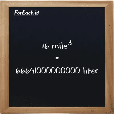 16 mile<sup>3</sup> is equivalent to 66691000000000 liter (16 mi<sup>3</sup> is equivalent to 66691000000000 l)