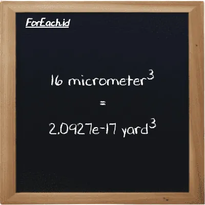 16 micrometer<sup>3</sup> is equivalent to 2.0927e-17 yard<sup>3</sup> (16 µm<sup>3</sup> is equivalent to 2.0927e-17 yd<sup>3</sup>)