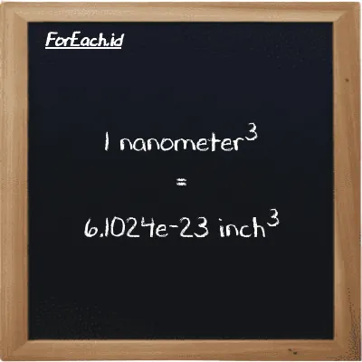 1 nanometer<sup>3</sup> is equivalent to 6.1024e-23 inch<sup>3</sup> (1 nm<sup>3</sup> is equivalent to 6.1024e-23 in<sup>3</sup>)