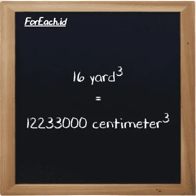 16 yard<sup>3</sup> is equivalent to 12233000 centimeter<sup>3</sup> (16 yd<sup>3</sup> is equivalent to 12233000 cm<sup>3</sup>)