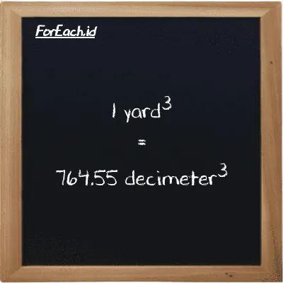 1 yard<sup>3</sup> is equivalent to 764.55 decimeter<sup>3</sup> (1 yd<sup>3</sup> is equivalent to 764.55 dm<sup>3</sup>)