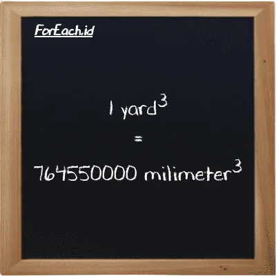 1 yard<sup>3</sup> is equivalent to 764550000 millimeter<sup>3</sup> (1 yd<sup>3</sup> is equivalent to 764550000 mm<sup>3</sup>)