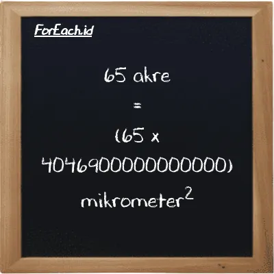 Cara konversi akre ke mikrometer<sup>2</sup> (ac ke µm<sup>2</sup>): 65 akre (ac) setara dengan 65 dikalikan dengan 4046900000000000 mikrometer<sup>2</sup> (µm<sup>2</sup>)