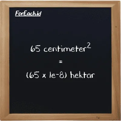 Cara konversi centimeter<sup>2</sup> ke hektar (cm<sup>2</sup> ke ha): 65 centimeter<sup>2</sup> (cm<sup>2</sup>) setara dengan 65 dikalikan dengan 1e-8 hektar (ha)