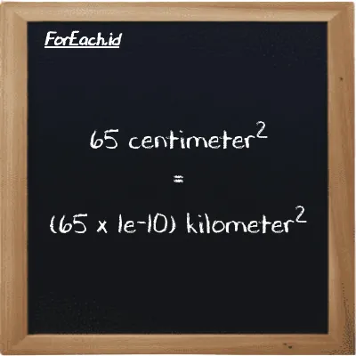 Cara konversi centimeter<sup>2</sup> ke kilometer<sup>2</sup> (cm<sup>2</sup> ke km<sup>2</sup>): 65 centimeter<sup>2</sup> (cm<sup>2</sup>) setara dengan 65 dikalikan dengan 1e-10 kilometer<sup>2</sup> (km<sup>2</sup>)