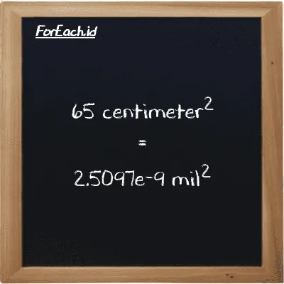 65 centimeter<sup>2</sup> setara dengan 2.5097e-9 mil<sup>2</sup> (65 cm<sup>2</sup> setara dengan 2.5097e-9 mi<sup>2</sup>)
