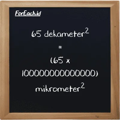 Cara konversi dekameter<sup>2</sup> ke mikrometer<sup>2</sup> (dam<sup>2</sup> ke µm<sup>2</sup>): 65 dekameter<sup>2</sup> (dam<sup>2</sup>) setara dengan 65 dikalikan dengan 100000000000000 mikrometer<sup>2</sup> (µm<sup>2</sup>)