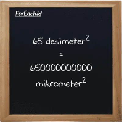 65 desimeter<sup>2</sup> setara dengan 650000000000 mikrometer<sup>2</sup> (65 dm<sup>2</sup> setara dengan 650000000000 µm<sup>2</sup>)