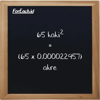 Cara konversi kaki<sup>2</sup> ke akre (ft<sup>2</sup> ke ac): 65 kaki<sup>2</sup> (ft<sup>2</sup>) setara dengan 65 dikalikan dengan 0.000022957 akre (ac)