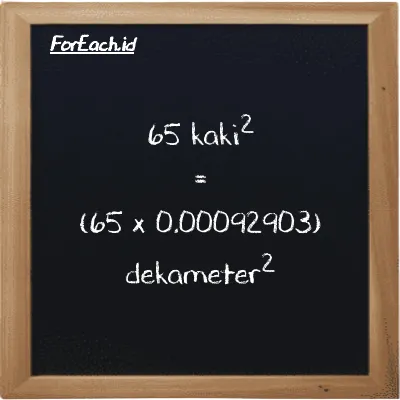 Cara konversi kaki<sup>2</sup> ke dekameter<sup>2</sup> (ft<sup>2</sup> ke dam<sup>2</sup>): 65 kaki<sup>2</sup> (ft<sup>2</sup>) setara dengan 65 dikalikan dengan 0.00092903 dekameter<sup>2</sup> (dam<sup>2</sup>)