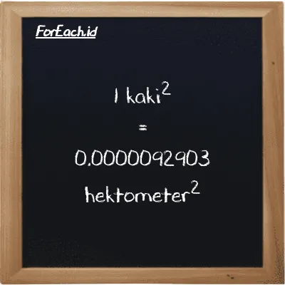 1 kaki<sup>2</sup> setara dengan 0.0000092903 hektometer<sup>2</sup> (1 ft<sup>2</sup> setara dengan 0.0000092903 hm<sup>2</sup>)