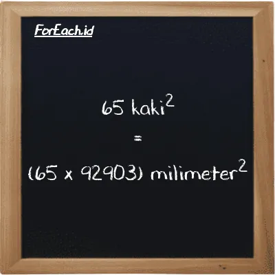 Cara konversi kaki<sup>2</sup> ke milimeter<sup>2</sup> (ft<sup>2</sup> ke mm<sup>2</sup>): 65 kaki<sup>2</sup> (ft<sup>2</sup>) setara dengan 65 dikalikan dengan 92903 milimeter<sup>2</sup> (mm<sup>2</sup>)