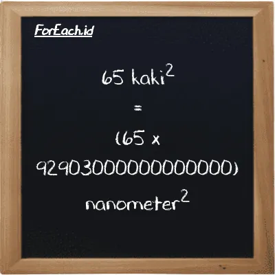 Cara konversi kaki<sup>2</sup> ke nanometer<sup>2</sup> (ft<sup>2</sup> ke nm<sup>2</sup>): 65 kaki<sup>2</sup> (ft<sup>2</sup>) setara dengan 65 dikalikan dengan 92903000000000000 nanometer<sup>2</sup> (nm<sup>2</sup>)